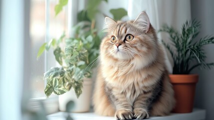 Persian cat on windowsill with potted plants