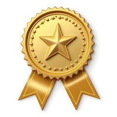 Golden 3D Assurance Medal with Star and Ribbon, Independent Realistic Certification Badge.