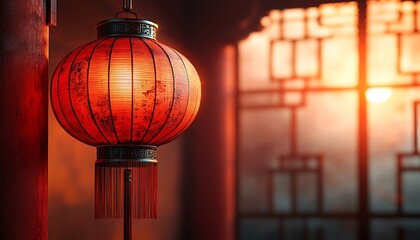 Red Lantern Hanging in Front of a Window for Festive Chinese New Year Decor
