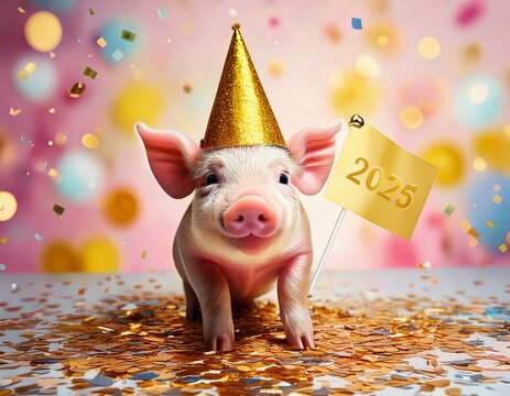 Lustiges Schweinchen mit 2025-Fahne &ndash; Fr&ouml;hliches Neujahrsmotiv