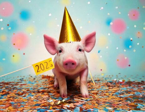 Lustiges Schweinchen mit 2025-Fahne &ndash; Fr&ouml;hliches Neujahrsmotiv