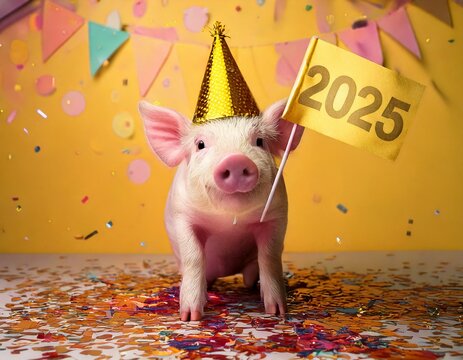 Lustiges Schweinchen mit 2025-Fahne &ndash; Fr&ouml;hliches Neujahrsmotiv