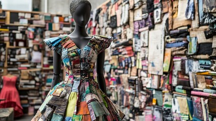 Naklejka premium Fashion Designer's Dress Mannequins Made from Old Garments and Books, AI generated illustration.