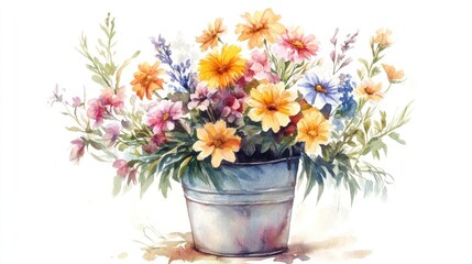 Fototapeta premium Watercolor painting of colorful wildflowers in a rustic metal bucket.