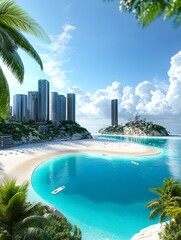 Coastal City Paradise - Modern skyscrapers, pristine beach, turquoise lagoon, palm trees, sunny day.  Symbolizes luxury, escape, tranquility, development, nature.