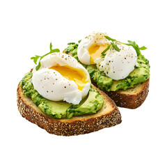 Tasty Avocado toast with poached eggs Isolated On Transparent Background 