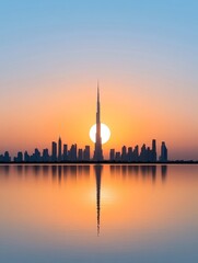 Fototapeta premium Dubai Skyline Sunset Reflection - Serene sunset over Dubai's iconic skyline, reflected in tranquil waters. Symbolizing peace, urban beauty, golden hour, modern architecture, and reflection.
