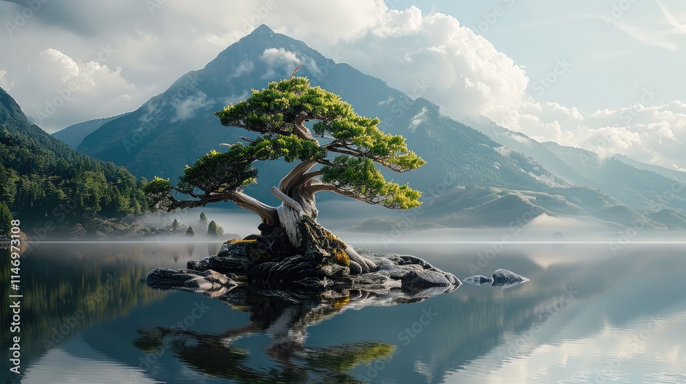 Poster bonsai trees delicately balanced on the shore of a mountain lake, with their shapes and forms enhanc