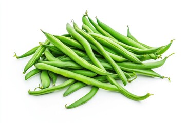 Fototapeta premium A pile of freshly picked green beans neatly arranged on a white background