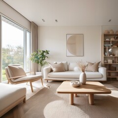 Fototapeta premium Generated image Minimalist Scandinavian living room with light-colored wood furniture, neutral tones