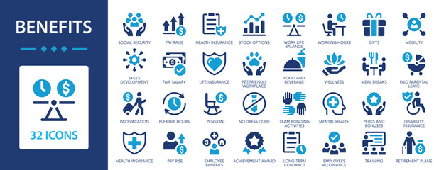 Employee benefits icon set. Health insurance, bonus, social security, maternity rest, paid.