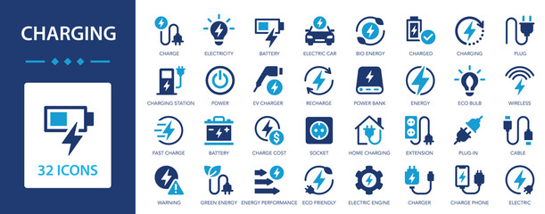 Charging icon set. Charging devices. Energy, charge, wireless charging, electric car, lighting.