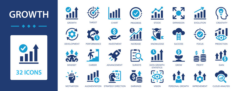 Growth icon set. Growth and Success symbol collction. Grow, performance, development, improvement, grow, chart, increase.
