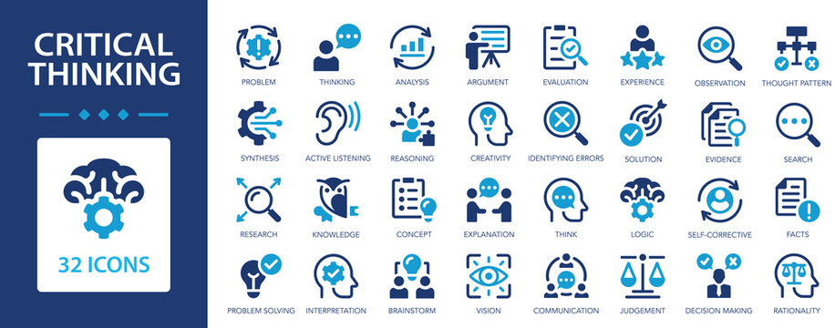 Critical thinking icon set. Creative, reasoning, analyzing, thinking, think, problem-solving.