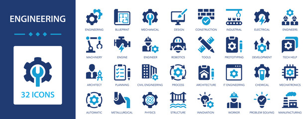 Engineering flat icons set. Manufacturing, engineer, project, robot, machinery, construction, engine.