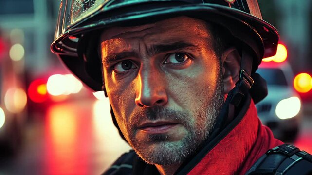 A firefighter with serious and tired face, wearing hemlet picture