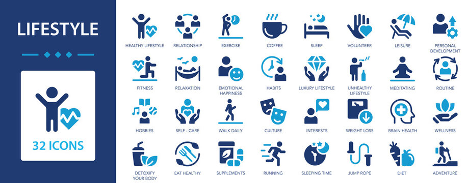 Lifestyle flat icons set. Healthy lifestyle symbols. Happiness, diet, exercise, sport, game, fitness, music, sleep, relationships, running.