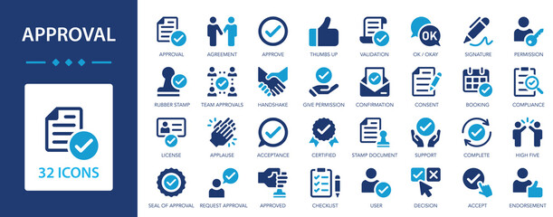 Approval flat icons set. Check mark, certified, validation, agreement, thumps up.