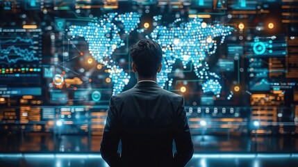 Rear view. man working with big data analytic digital marketing, virtual, technologies, hologram tv.