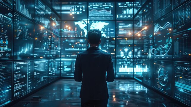 Rear view. man working with big data analytic digital marketing, virtual, technologies, hologram tv.