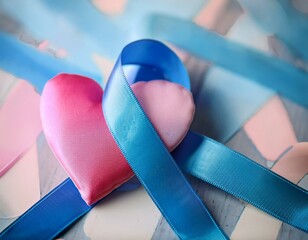 Generated image National Foster Care Month awareness concept with symbolic blue and pink heart on ribbon