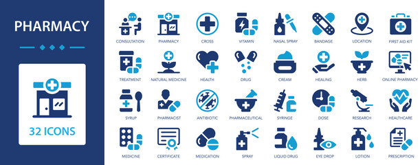 Pharmacy icon set. Medicine, treatment, take medication, tablet, capsule, syringe, drip, bandage.