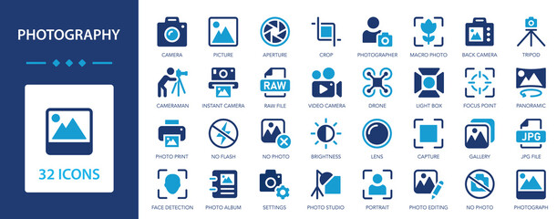 Photography icon set. Photo, photographer, picture, selfie, camera.