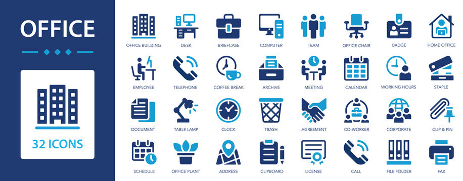 Office icon set. Workplace, desk, coworking, employee, computer.