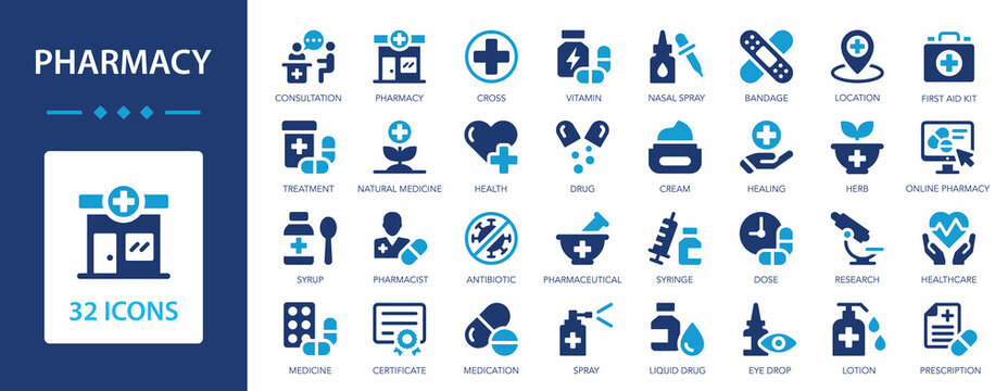 Pharmacy icon set. Medicine, treatment, take medication, tablet, capsule, syringe, drip, bandage.