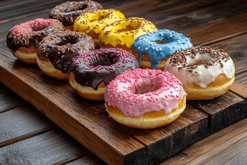 Vibrant and Colorful Doughnuts with Various Fillings on a Wooden Board. Real Photo. AI generated illustration