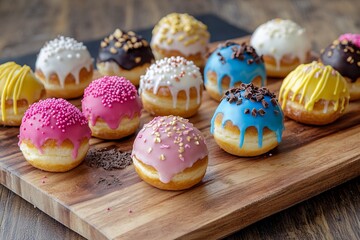 Vibrant and Colorful Doughnuts with Various Fillings on a Wooden Board. Real Photo. AI generated illustration