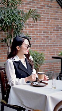 "Femme &eacute;l&eacute;gante savourant une tasse de caf&eacute; en terrasse"


