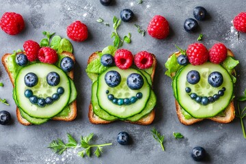 Vibrant Cucumber and Blueberry Toast with Herbs and Adorable Smiley Faces on Grey Background. AI generated illustration.