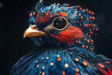 Exotic Peacock Quail with Colorful Plumage on Black Background, AI generated illustration