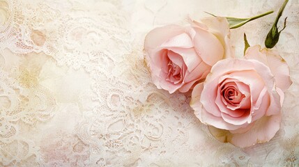 Fototapeta premium Soft pink roses on a romantic lace background, close-up shot, Minimalist style