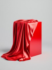 Red Silk Drape on Cube - Red silk fabric gracefully draped over a red cube, symbolizing elegance, mystery, luxury, presentation, and anticipation.