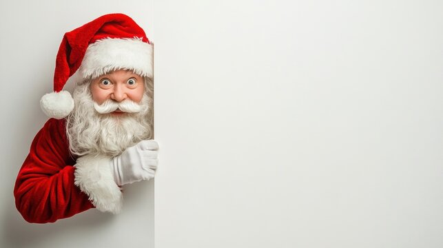 Cute Santa peeping behind a board. Christmas holiday greeting card design background template.