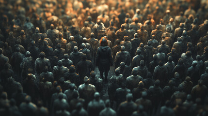 Grey crowd with a woman standing out
