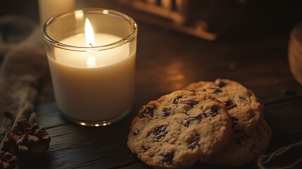 Cookies displayed with milk in a rustic cozy environment closeup