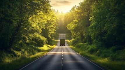 Truck on scenic road through lush forest at sunset.