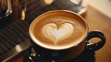 Close-up of heart-shaped milk foam latte art on hot coffee with smooth texture from skilled barista