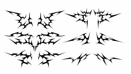 Set of tribal shapes with a stiff touch. Set of Symmetrical neo Tribal Pattern Cyber ​​Gothic Elements in Abstract White black Print for t-shirt, hoodie and sweatshirt or card, poster