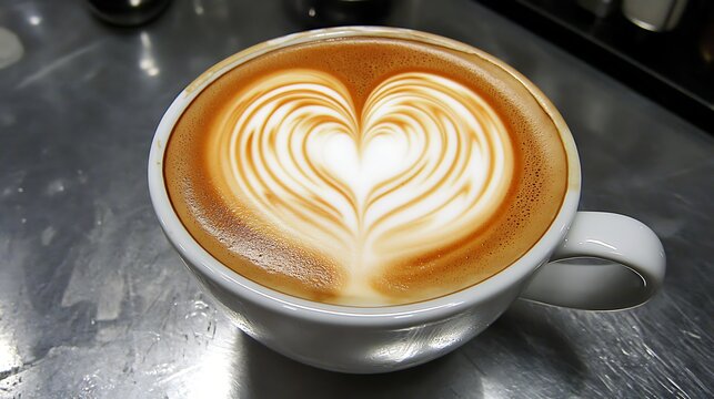 Close-up of heart-shaped milk foam latte art on hot coffee with smooth texture from skilled barista