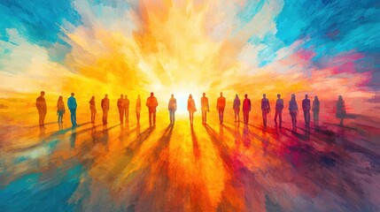 Fototapeta premium Vibrant Sunrise Scene with Silhouettes Symbolizing New Beginnings and Hope in a Colorful Landscape