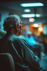 Obraz premium Elderly person sitting quietly in a dimly lit room surrounded by others engaged in conversation