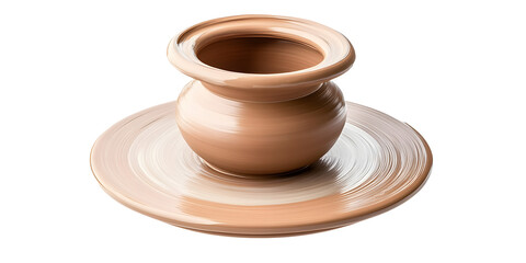 Clay pottery being shaped on a spinning wheel during the crafting process. Early stages of forming a vessel using traditional pottery techniques. Isolated on transparent background, png.
