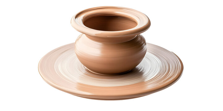 Clay pottery being shaped on a spinning wheel during the crafting process. Early stages of forming a vessel using traditional pottery techniques. Isolated on transparent background, png.
