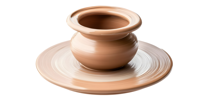 Clay pottery being shaped on a spinning wheel during the crafting process. Early stages of forming a vessel using traditional pottery techniques. Isolated on transparent background, png.