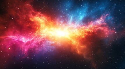 Naklejka premium Cosmic collision of red and blue nebulae in space.