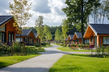 Fototapeta premium Cozy wooden cottages with lush greenery and a winding path, creating a peaceful and inviting atmosphere.